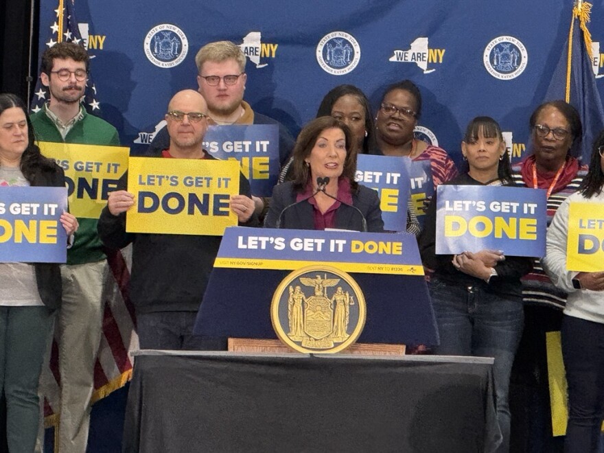 New York Governor Kathy Hochul visited Foodlink on Monday to rally support for the policy proposals she wants in a state budget deal.