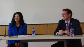 Attorney General Dana Nessel (left) and State Senator Sean McCann (left) speak at a roundtable discussion on energy affordability held at Western Michigan University's Sangren Hall on Monday, September 28, 2026.