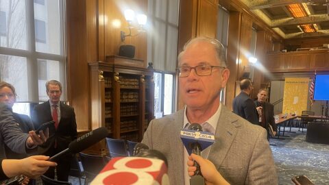 Gov. Mike Braun answers reporter questions after a meeting of the Indiana Economic Development Corp.’s board of directors on Wednesday, March 18, 2026 at the State Library in Indianapolis.