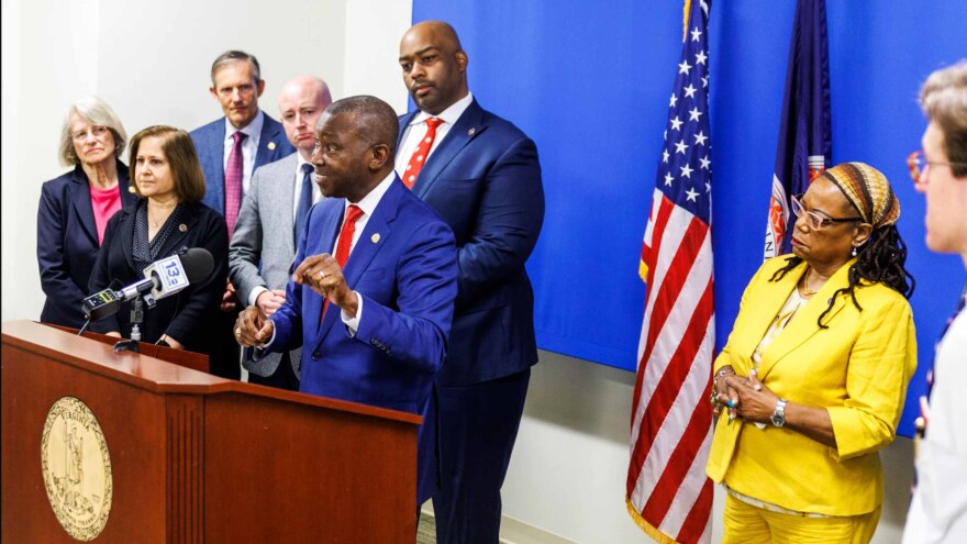 House Democratic Leader Don Scott gives remarks during a Virginia Senate and House Democrats press conference on voting rights on Monday, May 15 in Richmond. (Image: Shaban Athuman, VPM News)
