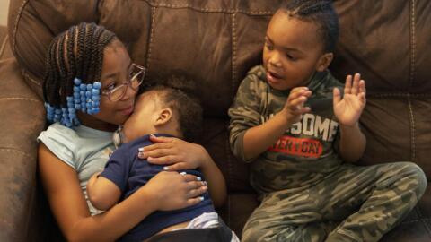 Siblings spend time together while at home during Spring Break in Niagara Falls, N.Y., on Monday, April 3, 2023. (Lauren Petracca/AP)