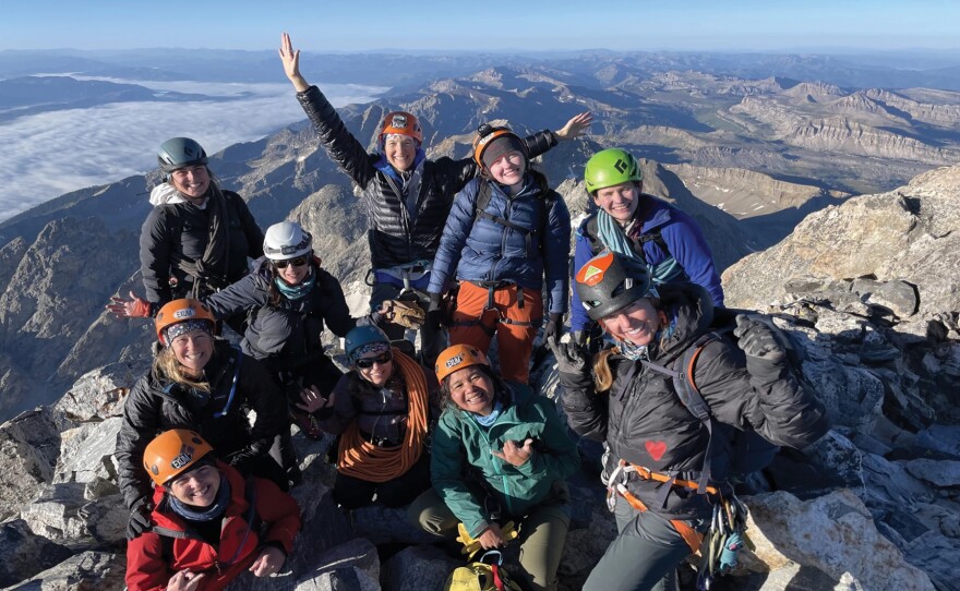 Women climbers summiting the Grand Teton in honor of Eleanor Davis, the first known woman to climb the Grand Teton in 1923. Photo by Morgan McGlashon. WPM story by Hannah Habermann.