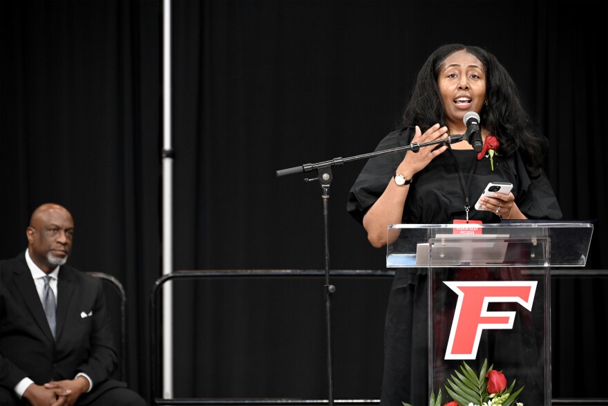 Nicole Fuller-Smith, daughter of Carolyn Vermont, a popular civil rights leader and community advocate in Bridgeport, speaks during a celebration of life service honoring her mother. “What I will remember about her as her child are the birthday parties she threw me, how involved she was at my childhood school events,” Fuller-Smith said. The service was held at the Leo Mahoney Arena, Fairfield University in Fairfield on March 21st, 2026.
