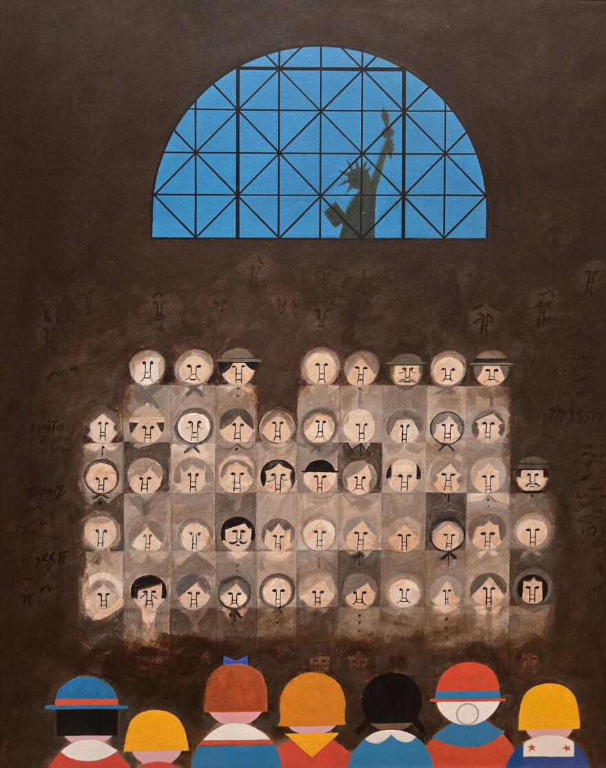 a photo of a painting featuring people in color and others in sepia tone with the Statue of Liberty showing through a window-like structure in the background