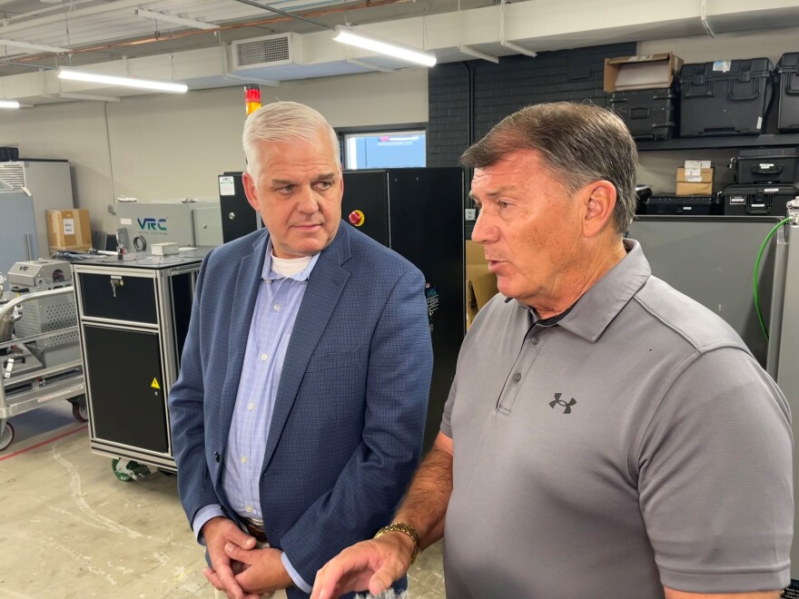 Assistant Secretary of Defense for Sustainment Christopher Lowman (left) and US Senator Mike Rounds (right) during a press conference at VRC Metals in Box Elder