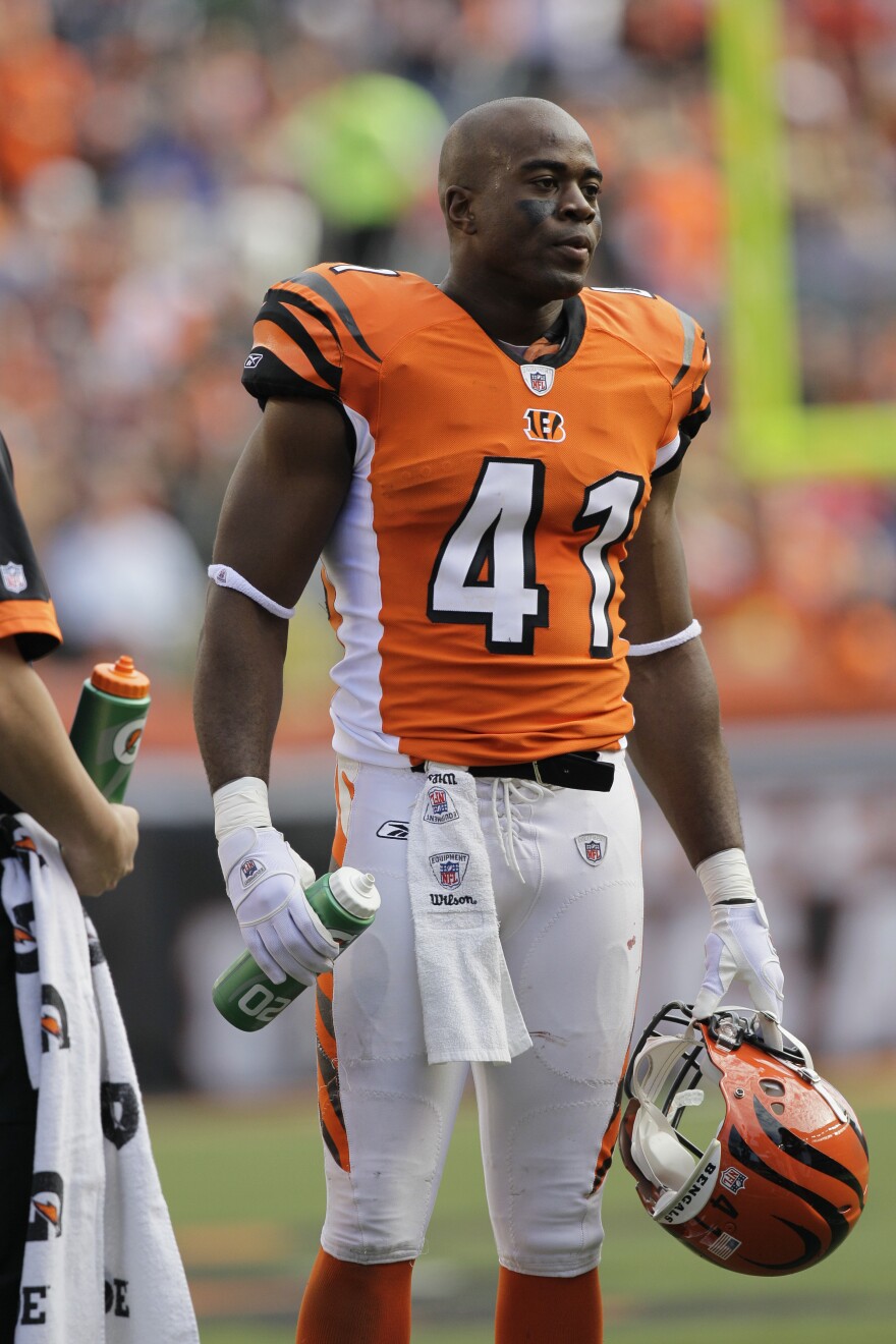 Then-Cincinnati Bengals safety Chinedum Ndukwe in action against the Buffalo Bills in the second half of an NFL football game, Sunday, Nov. 21, 2010, in Cincinnati.