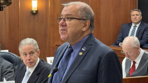 Sen. Lyman Hoffman, D-Bethel, speaks on the floor of the Alaska Senate on Monday, Feb. 9, 2026, in Juneau.