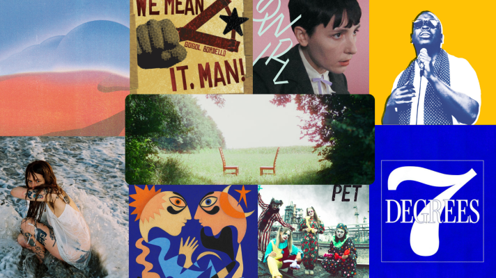 Four album covers stacked on top of each other with another one laid over in the center of the image.