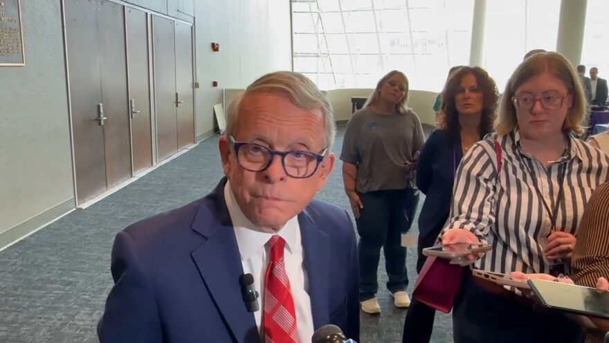 Gov. Mike DeWine talks to reporters after an event in Columbus on June 4, 2024.