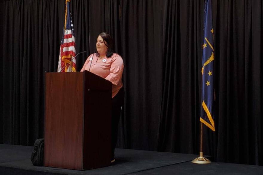 Jessica Savage, from Columbus, spoke about her personal experience being a tenant and the issues she's had with eviction at the first Tenants Day of Action at the Statehouse Thursday. (Samantha Horton/IPB News)