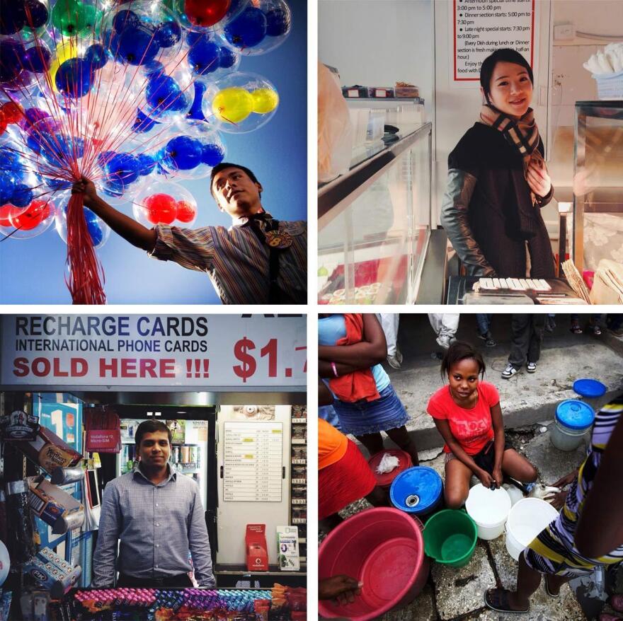 <em>Clockwise from top left: </em>Jonny, Mickey Mouse balloon vendor at Disneyland in Anaheim, Calif. (Sheldon Serkin/@shelserkin); Ting, clerk at Dong Xing Chinese and Japanese Takeaway; Marlene Lucien, Port-au-Prince, Haiti (John Poole/NPR/@johnwpoole); Hussain, newsstand kiosk vendor, Melbourne, Australia (Michael Baranovic/@mishobaranovic)