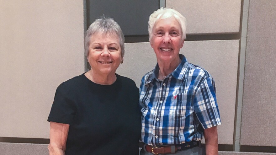 Mary Holsenbeck (left) and Wally Funk at StoryCorps in Dallas. The two friends talk every day at 10 p.m. and often take to the skies together.