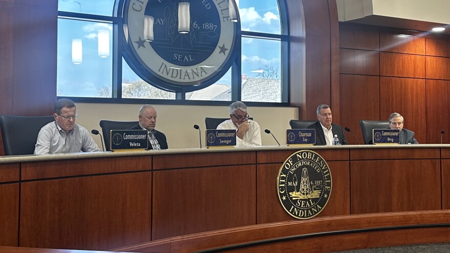 Members of the Indiana Utility Regulatory Commission listen to customers' concerns about utility rates during public meeting at Noblesville City Hall, Thursday, April 9, 2026.