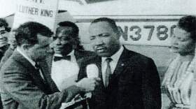 KMJ-TV reporter Brent DeMonte interviews Martin Luther King Jr. in Fresno, 1964
