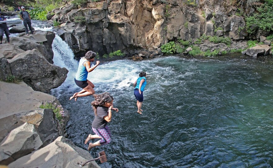 Lower McCloud River Falls, CA — Every year the Winnemem Wintu and supporters jump into three pools on the McCloud River as part of a ritual to remember the salmon who used to swim there. August 10, 2019.