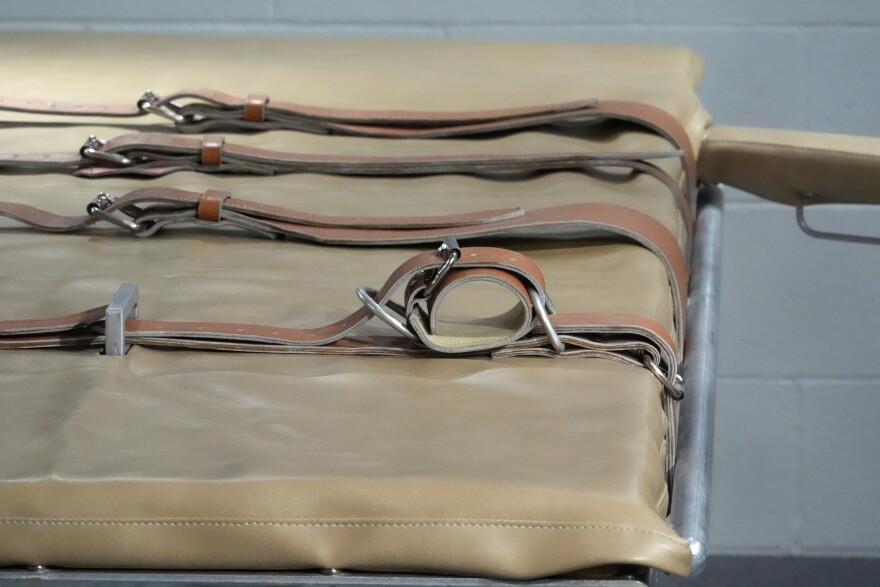 FILE — Restraints are shown on the lethal injection table in the execution chamber at the Utah State Correctional Facility after the Taberon Honie execution, Aug. 8, 2024, in Salt Lake City.