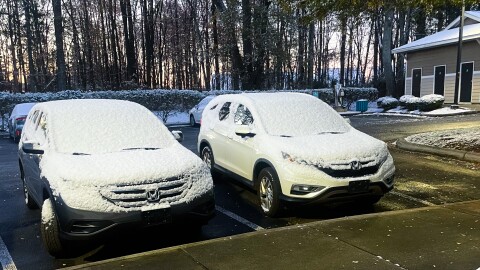 Snow coated cars in Cornelius and stuck to bushes and grass.
