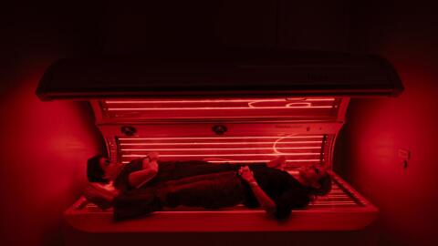 Kara Swisher in a red-light therapy chamber for her new documentary, "Kara Swisher Wants to Live Forever." (Courtesy of CNN)