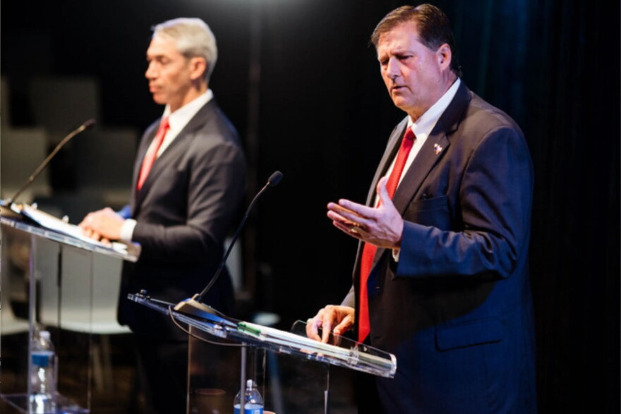 Former San Antonio Mayor Ron Nirenberg, left, and Republican Patrick Von Dohlen, right participate in a Bexar County Judge debate at Texas Public Radio’s Irma & Emilio Nicolas Media Center.