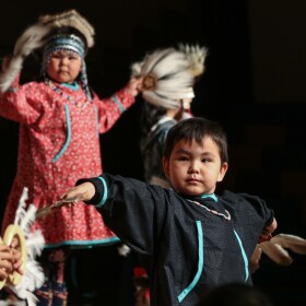 Ayaprun Elitnaurvik Kindergarteners dance at the 2019 Cama-i Dance Festival on March 30, 2019 in Bethel, Alaska.