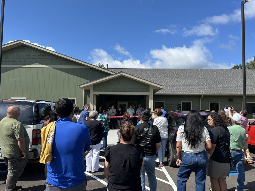 Around 60 people gathered for the opening of the Niishooshimeyag Wigwam (Two Sisters Lodge) homeless shelter in Bena on Aug. 26, 2026.