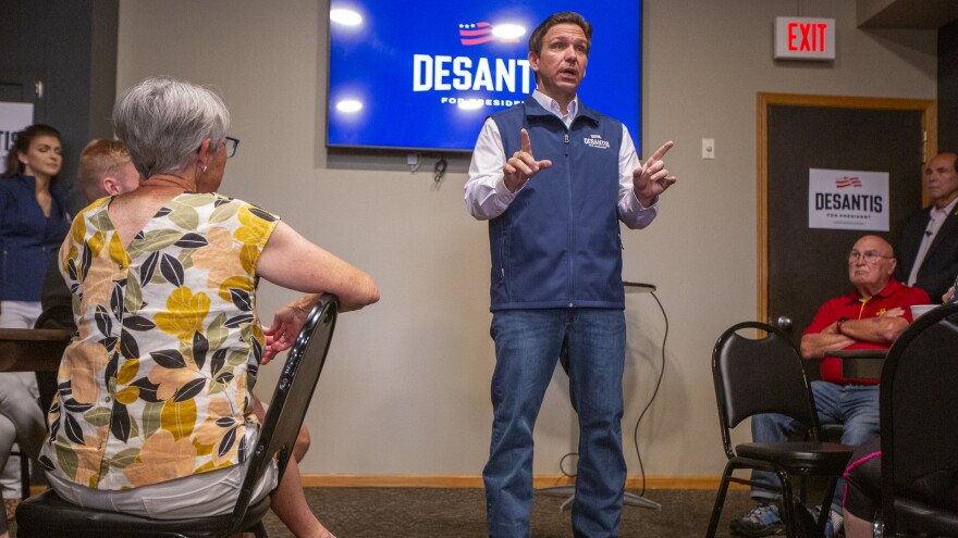 GOP presidential candidate Ron DeSantis speaks during a campaign event at Olde Boston's Restaurant & Pub in Fort Dodge, Iowa on July 14.