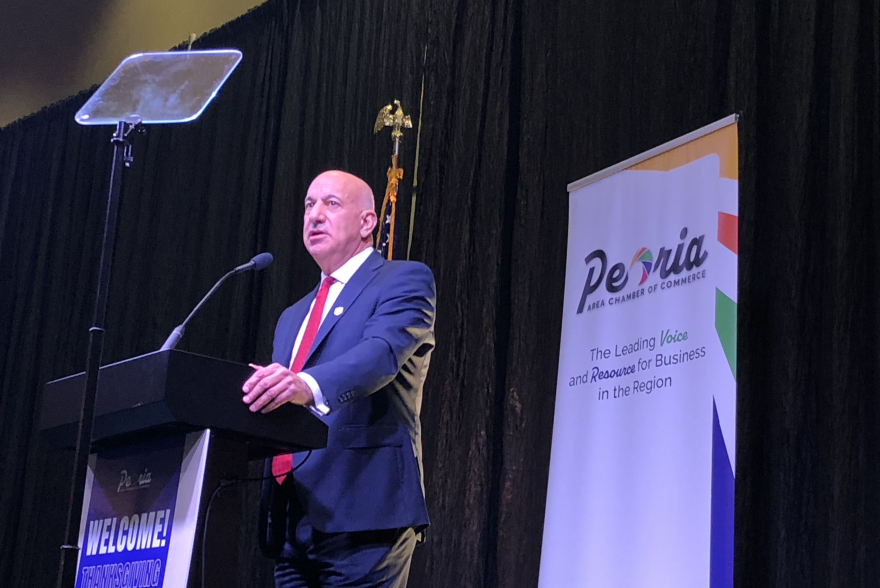 Bradley University President James Shadid delivers the keynote address during the Peoria Area Chamber of Commerce Thanksgiving Luncheon on Thursday at the Peoria Civic Center.