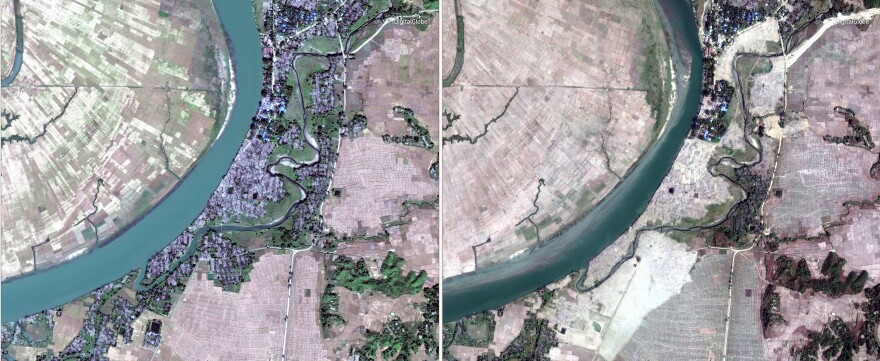 This composite image shows two satellite photographs of the same predominantly Rohingya village, Myar Zin, taken two months apart. The image on the left shows the village as it was on Dec. 2, and the one on the right shows it on Feb. 5, apparently leveled by Myanmar authorities in the intervening span.