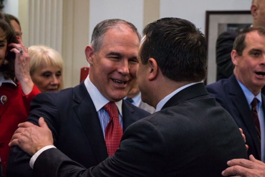 Attorney General Scott Pruitt talks to state lawmakers at the Oklahoma capitol in February 2017.