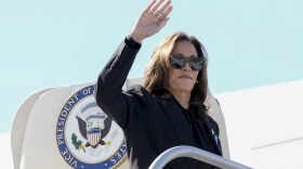 Democratic presidential nominee Vice President Kamala Harris boards Air Force Two at LaGuardia Airport in East Elmhurst, N.Y., Wednesday, Sept. 11, 2024. (AP Photo/Jacquelyn Martin)