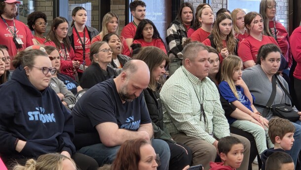 J.W. Smith Principal Bruce Goodwin, shown here in a green checkered shirt, awaits a decision to close the school during a special meeting of Bemidji Area Schools on March 30, 2026.