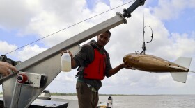 Tulane University graduate student Augustine Nwokoye removes a water sample from the PS 200 isokinetic sediment sampler in the Lower Mississippi River Delta on Wednesday, April 23, 2025.