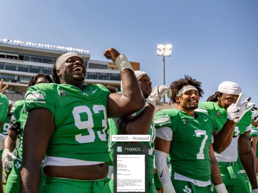 North Texas defensive lineman Terrell Washington (93) and Shane Whitter (7) celebrate with teammates at DATCU Stadium. UNT will look to build on a 5-0 start Friday when the Mean Green host South Florida.