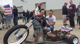 Ed and Curtis Noble on the "Trump Trike" at a Donald Trump rally in Springfield.