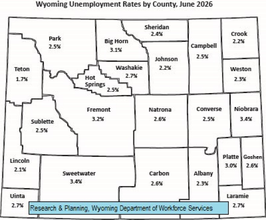 A map of Wyoming depicting the unemployment rate for each county.
