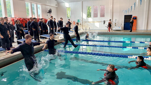 Coast Guard students run practice drills at Coast Guard Training Center at Yorktown.