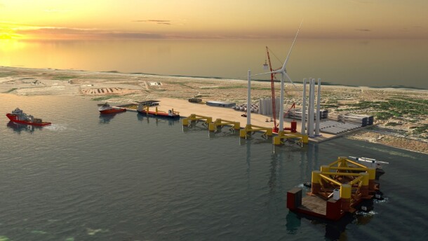 a mockup computer-generated graphic of an offshore wind terminal, with parts of floating offshore wind turbines, boats and cranes.
