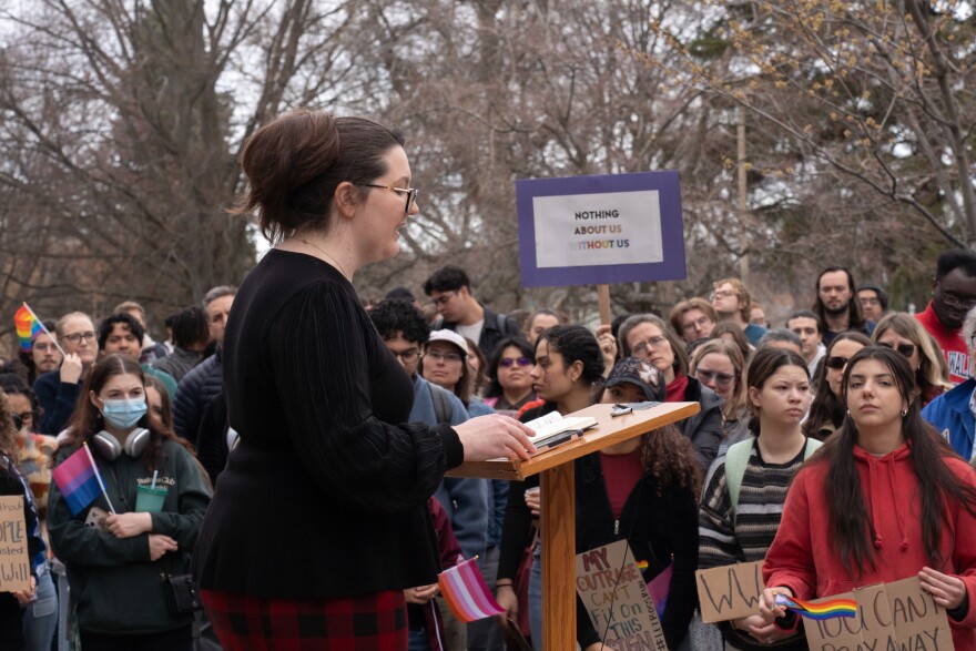 Heidi Kissinger speaks to students and staff at Walla Walla University's recent walk-out. (Credit: Caidyn Boyd)