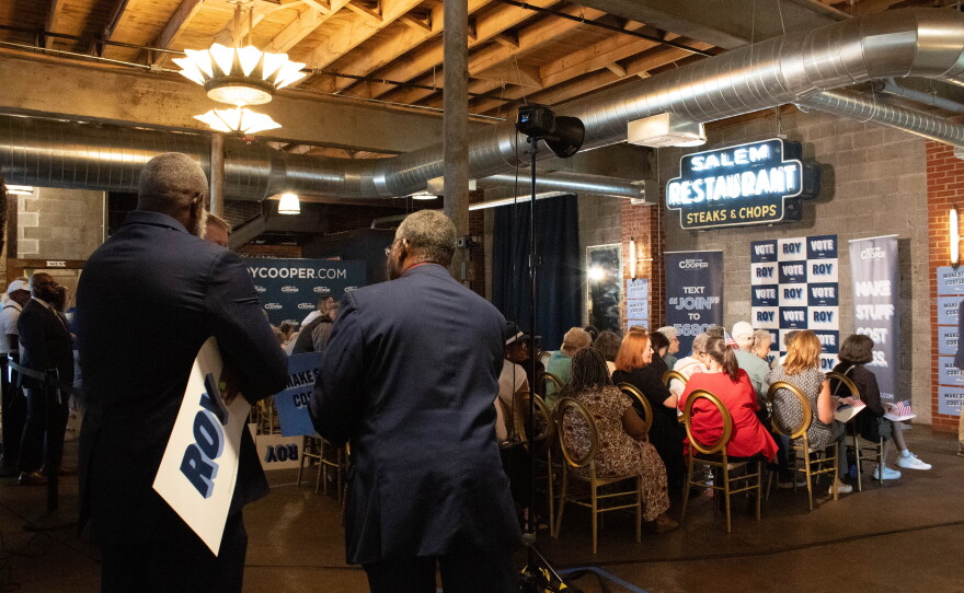 Roy Cooper spoke to an audience at Robert Hall on Thursday, October 8.