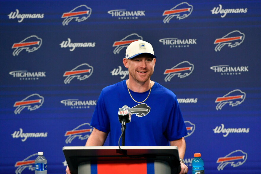 Buffalo Bills head coach Joe Brady speaks during a news conference after an NFL football game against the Los Angeles Chargers, Sunday, Sept. 27, 2026, in Orchard Park, N.Y.