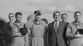 US President Richard Nixon meets the Apollo 13 astronauts in Honolulu, Hawaii, after their safe return to Earth.