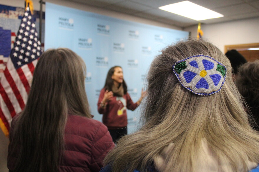 People listen to former Democratic congresswoman and U.S. Senate candidate Mary Peltola speak during a campaign event on Wednesday, Oct. 28, 2026 in Soldotna, Alaska.