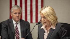 Missouri Commissioner of Education Margie Vandeven announces her resignation during the State Board of Education meeting Tuesday, Oct. 17, 2023.