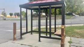 All the panels except one are missing from the CityLink bus stop in front of the UAW Senior Center in Pekin.