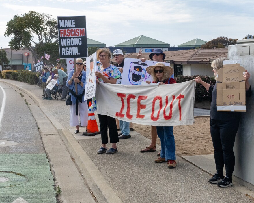 Protestors in Los Osos at a vigil to honor Lorenzo Salgado Araujo, who was shot and killed by an ICE agent in Houston, Texas last week.