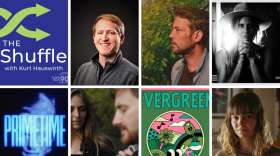 Decorative collage of album art and featured artists
