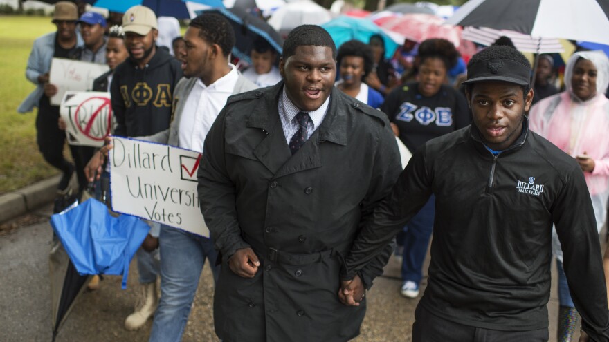 Dillard University students march to their polling place on campus to vote in New Orleans on Nov. 8, 2016.