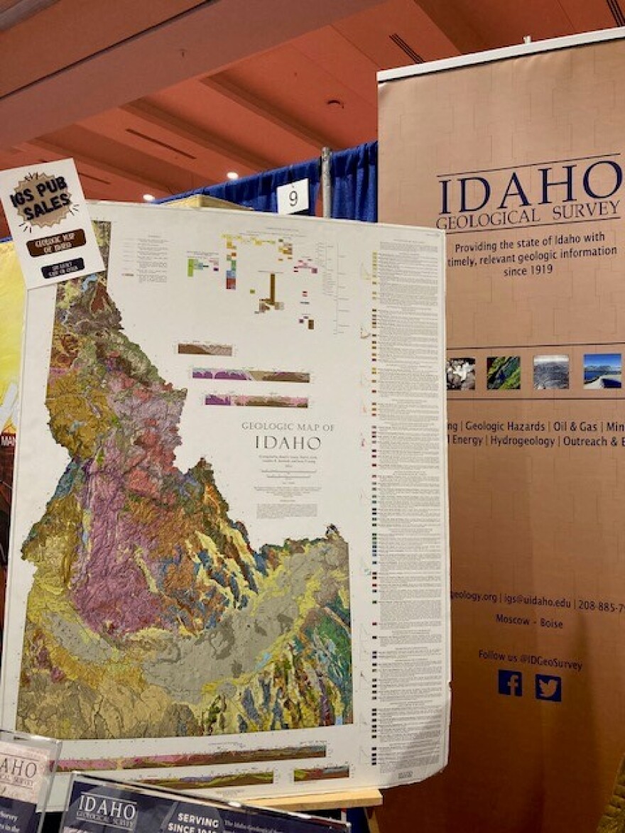 The Idaho Geological Survey offered buyers a large geologic map. The state's different rock units are depicted in different colors according to their age and type.