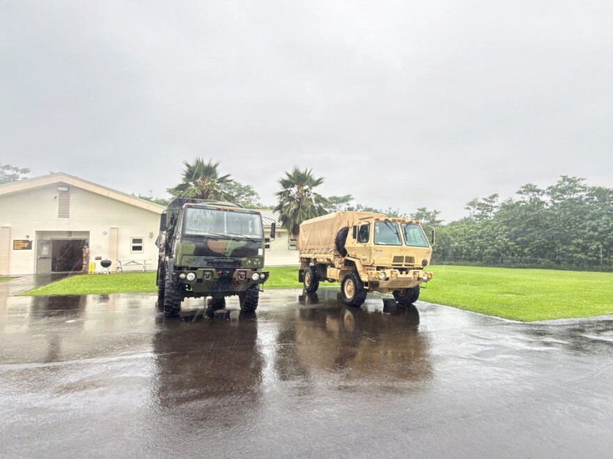 Two of six Hawaii National Guard Task Force Hawaii High Water Vehicles staged at Keaukaha Military Reservation in Hilo. There are about 120 Guardsmen in TF Hawaiʻi ready to support Hawaiʻi County.