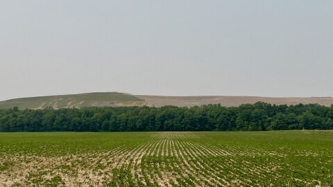 Rows of green farmland stretch toward trees. Behind it all, the large hill of Sunny Farms Landfill sits.
